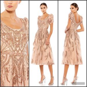 MAC DUGGAL  5434 Short Sleeve Beaded A-line Tea Length Dress